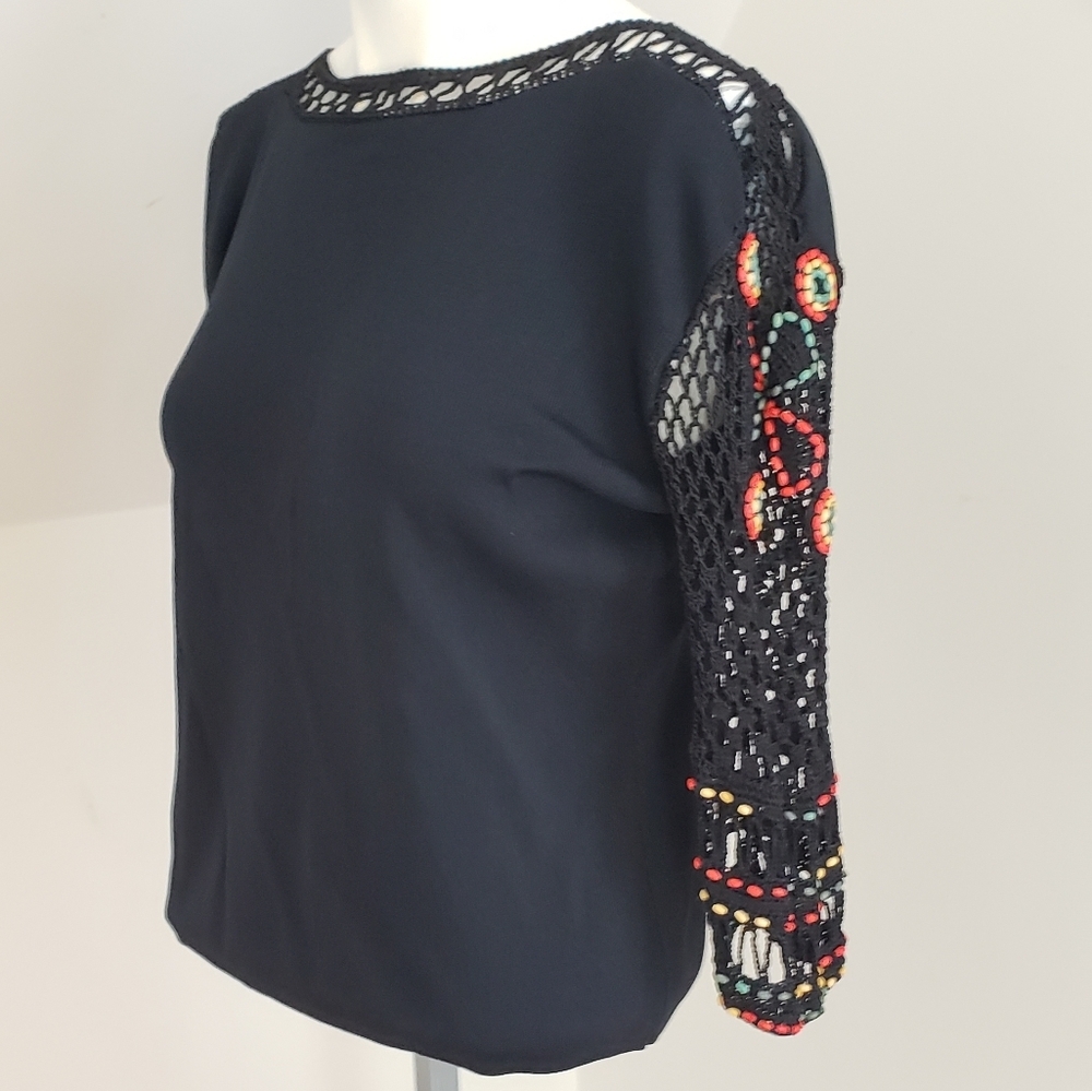 Vintage Knit Sweater Crocheted Sleeve & Wood Beaded, black multi-color by jo